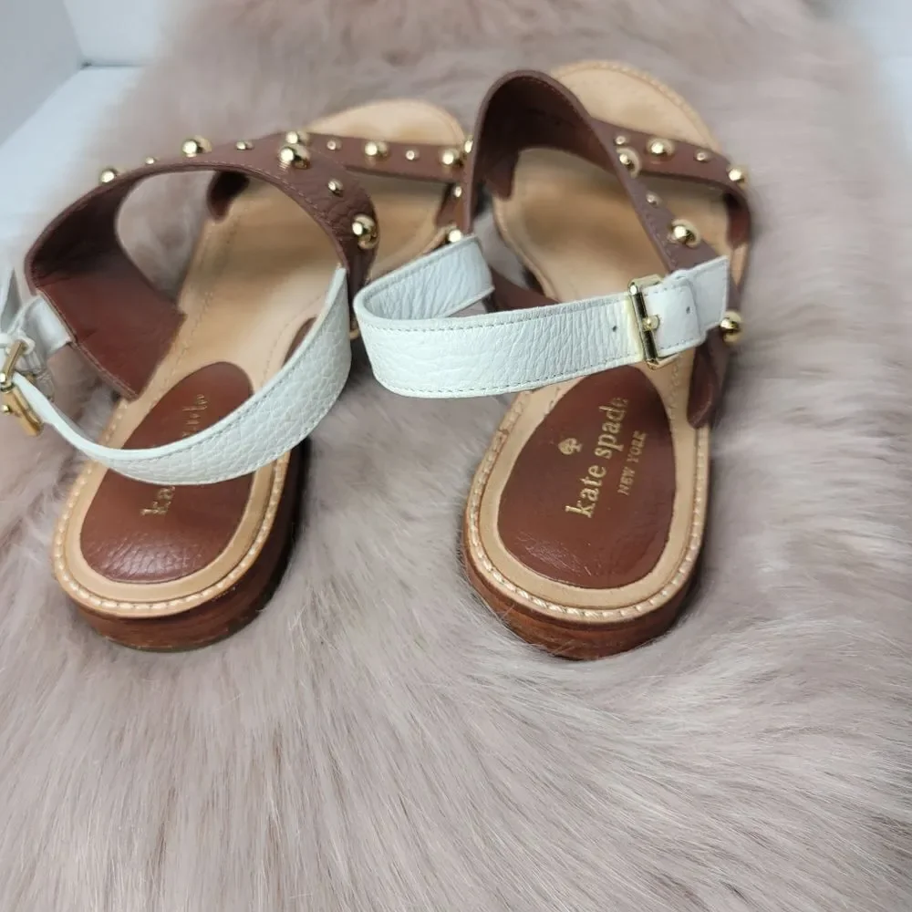 Kate Spade Stillwell White Brown  Leather Studded Sandals Shoes Size 8